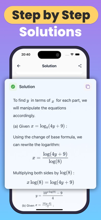 Step-by-step AI solution of a logarithm problem with rendered math notation