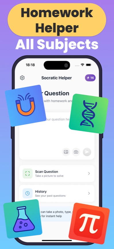 AI homework helper home screen covering math, physics, chemistry and biology