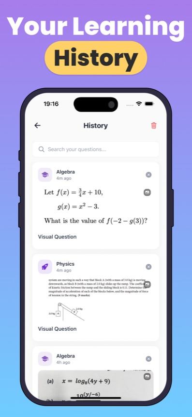 Learning history screen with past algebra and physics questions, searchable by subject